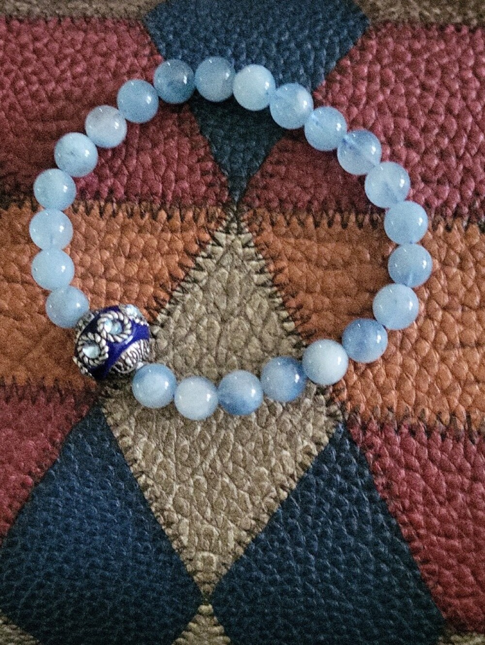 Hand Crafted Aquamarine Gemstone Beaded Stretch Bracelet with Art Bead Center - Picture 4 of 4